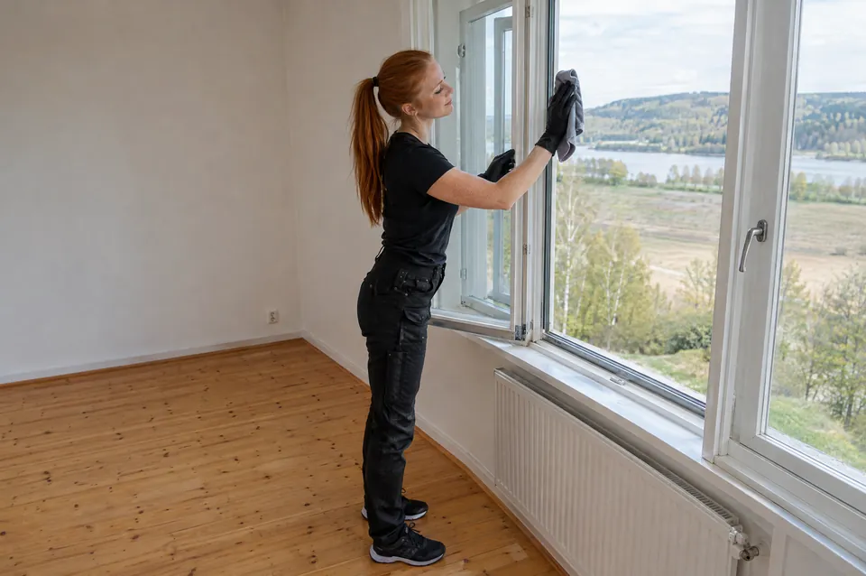 Flyttstädning av en sextiotalsvilla i Alvhem: städare i svart putsar mellan fönsterglasen