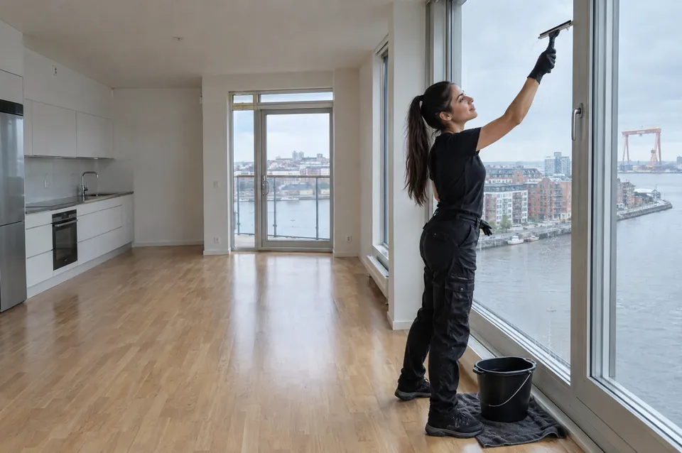 Flyttstädning av en bostadsrätt på Hisingen: städare i svart putsar fönstret mot älven