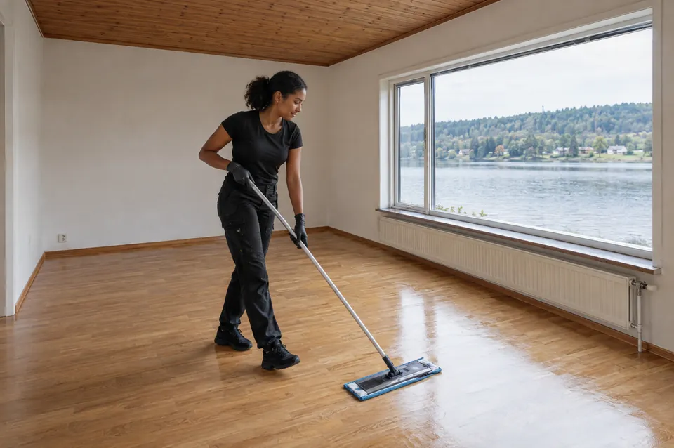 Flyttstädning av en sjuttiotalsvilla i Lilla Edet: städare i svart moppar parkettgolvet