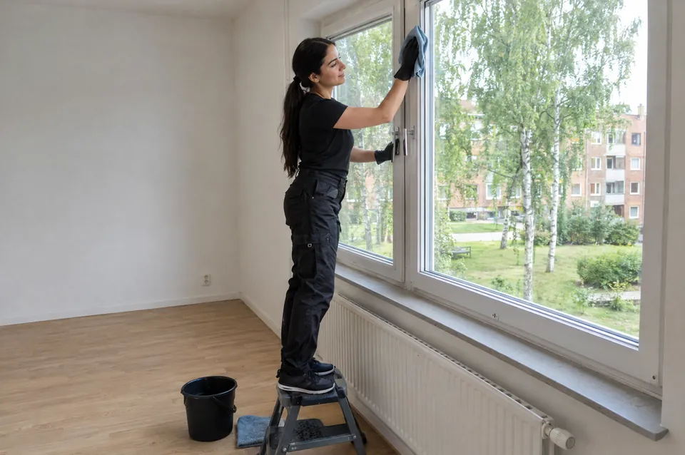 Flyttstädning av en hyreslägenhet i Nödinge: städare i svart torkar fönsterkarmen